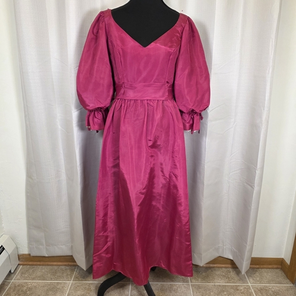 Vintage 70s 80s Fuchsia Prairie Dress XS 26” Waist Puff Sleeve Prom